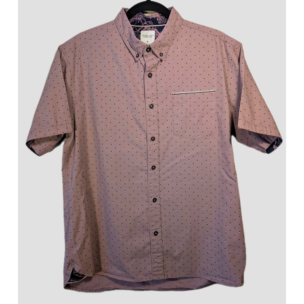 Mens Large Level Ten Short Sleeve Mauve Button Front Shirt Contrast Trim Club